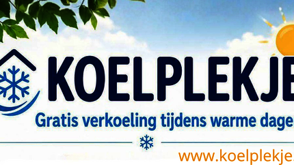 Illustratie in blauw met groene bladeren linksboven en een zon rechtsboven en de tekst Koelplekje