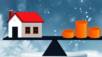 Decoratieve illustratie van een weegschaal in de sneeuw met aan de ene kant een huis en aan de andere kant drie stapels muntgeld