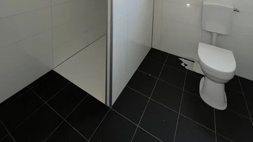 Foto van de badkamer met douche en toilet