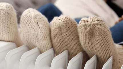 Twe paar voeten in dikke beige sokken tegen een verwarming.
