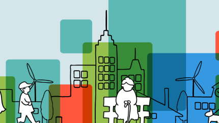 Illustratie van de voorkant van ons koersplan. Gekleurde blokken in blauw oranje en groen met op de voorgrond een zwart wit tekening met poppetjes